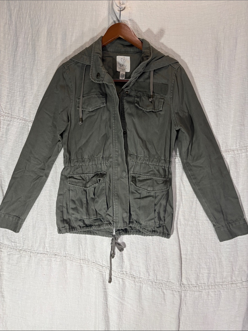 Full Tilt Olive Green Hooded Utility Anorak Jacket Size Small 100% Cotton Cargo
